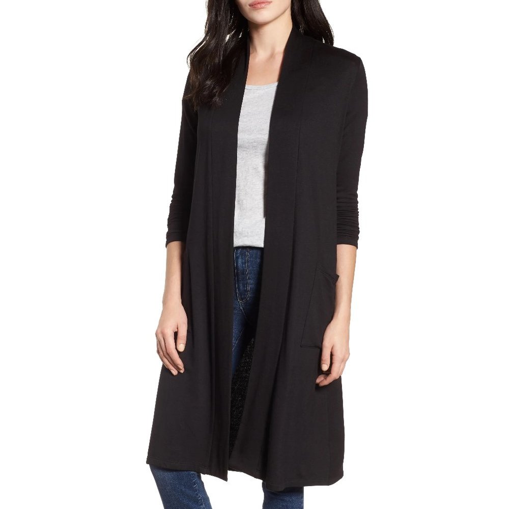 Bobeau Open Front Long Black Cardigan